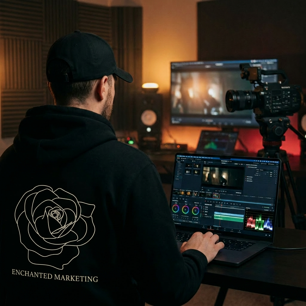 Enchanted Marketing editor working in DaVinci Resolve on a MacBook in a studio