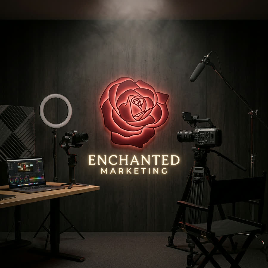 The Enchanted Marketing studio — the illuminated neon rose logo glowing on the studio wall