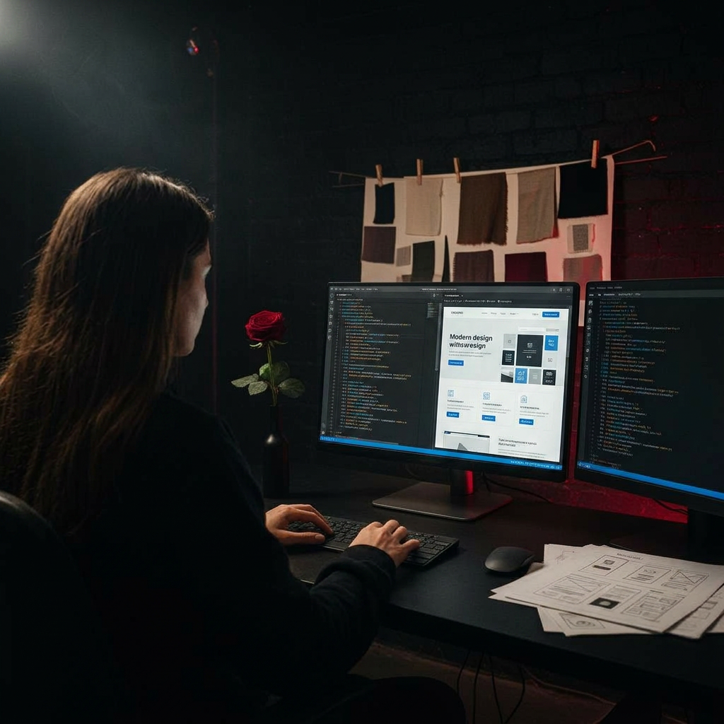 A bespoke editorial website on a MacBook beside a single rose in a warm creative studio